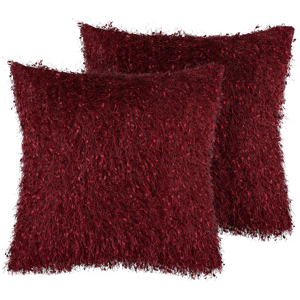 Beliani Set of 2 Decorative Cushions Red Shaggy 45 x 45 cm Modern Glamour Decor Accessories Material:Polyester Size:45x12x45