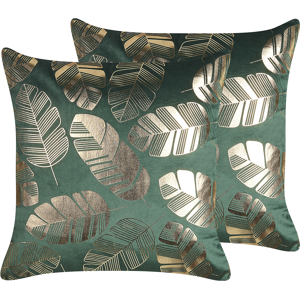 Beliani Set of 2 Decorative Cushions Green Velvet 45 x 45 cm Gold Leaf Foil Print Glamour Decor Accessories Material:Velvet Size:45x8x45