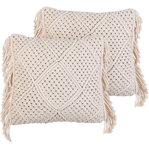 Beliani Decorative Cushion Set of 2 Beige Cotton Macramé 45 x 45 cm with Tassels Rope Boho Retro Decor Accessories Material:Cotton Size:45x10x45