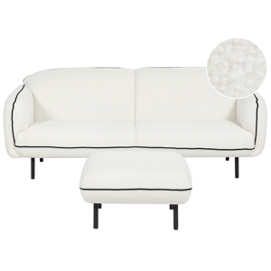 Beliani 3 Seater Sofa with Ottoman White Boucle Fabric Soft Nubby Metal Legs Black Decorative Edging Retro Glam Art Decor Style Material:Boucle Size:85x78x198
