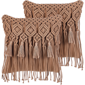 Beliani Decorative Cushion Set of 2 Brown Cotton Macramé 45 x 45 cm with Tassels Rope Boho Retro Decor Accessories Material:Cotton Size:45x10x45