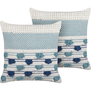 Beliani Set of 2 Decorative Cushions White and Blue Cotton 45 x 45 cm with Tassels Boho Decor Accessories Material:Cotton Size:45x14x45