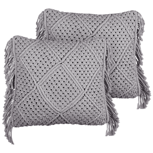 Beliani Decorative Cushion Set of 2 Grey Cotton Macramé 45 x 45 cm with Tassels Rope Boho Retro Decor Accessories Material:Cotton Size:45x10x45