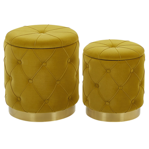 Beliani Set of Storage Pouffes Mustard Polyester Velvet Button Tufted Upholstery Golden Base Retro Design Material:Velvet Size:40/33x44/36x40/33