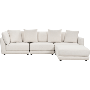 Beliani 3-Seater Sofa Off-White Polyester Fabric Upholstery Couch with Ottoman Footstool Extra Throw Cushions Material:Polyester Size:102x86x300