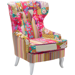 Beliani Armchair Multicolour Pink Fabric Patchwork Wingback Chair Button Tufted Wooden Legs Retro Design Material:Polyester Size:80x100x70