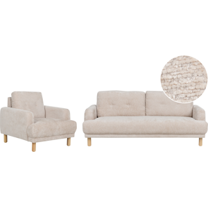 Beliani Living Room Set 3 Seater Sofa Armchair Beige Boucle Fabric Wooden Legs Loveseat Couch Retro Minimalistic Living Room Furniture Material:Boucle Size:xx