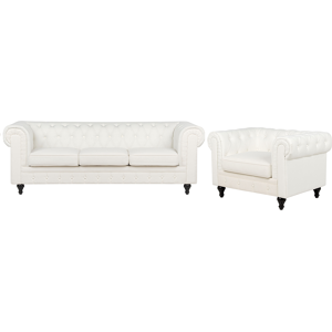 Beliani Chesterfield Living Room Set Off-White Polyester Fabric Dark Wood Legs 3 Seater Sofa + Armchair Vintage Design Material:Polyester Size:xx