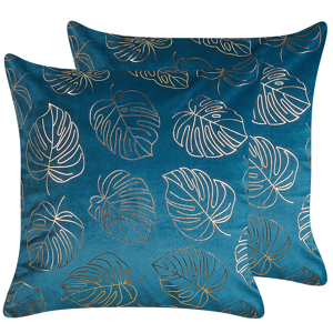 Beliani Set of 2 Decorative Cushions Blue Velvet 45 x 45 cm Leaf Print Glamour Decor Accessories Material:Velvet Size:45x8x45