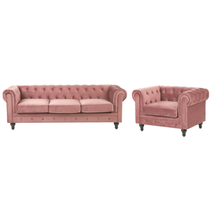 Beliani Chesterfield Living Room Set Pink Velvet Upholstery Black Legs 3 Seater Sofa + Armchair Material:Velvet Size:xx