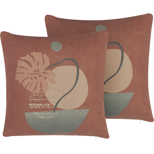 Beliani Set of 2 Throw Cushions Light Red Cotton and Polyester Blend 45 x 45 cm Decorative Soft Home Accessory Plant Botanical Print Material:Polyester Size:45x10x45