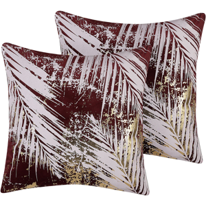 Beliani Set of 2 Decorative Cushions Burgundy Palm Leaf Pattern 45 x 45 cm Floral Motif Foil Print Glamour Decor Accessories Material:Velvet Size:45x12x45