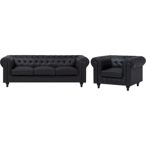 Beliani Chesterfield Living Room Set Black Faux Leather Dark Wood Legs 3 Seater Sofa + Armchair Contemporary Material:Faux Leather Size:xx