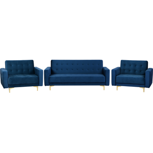 Beliani Living Room Set Navy Blue Velvet Tufted Fabric 3 Seater Sofa Bed 2 Reclining Armchairs Modern 3-Piece Suite Material:Velvet Size:xx