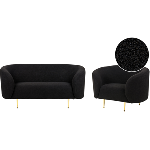 Beliani Living Room Set Black Boucle Fabric Soft Nubby Gold Legs 2 Seater Sofa Armchair Retro Glam Art Decor Style Material:Boucle Size:xx