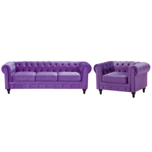 Beliani Chesterfield Living Room Set Purple Velvet Fabric Upholstery Dark Wood Legs 3 Seater Sofa + Armchair Contemporary Material:Velvet Size:xx