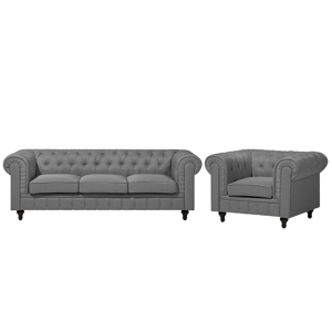 Beliani Chesterfield Living Room Set Light Grey Fabric Dark Wood Legs 3 Seater Sofa + Armchair Contemporary Material:Polyester Size:xx