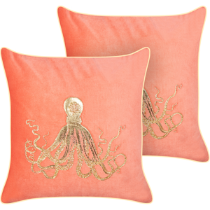 Beliani Set of 2 Scatter Cushions Red Velvet 45 x 45 cm Marine Octopus Motif Square Polyester Filling Home Accessories Material:Velvet Size:45x10x45