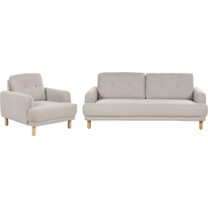 Beliani Living Room Set 3 Seater Sofa Armchair Taupe Polyester Fabric Wooden Legs Loveseat Couch Retro Minimalistic Living Room Furniture Material:Polyester Size:xx