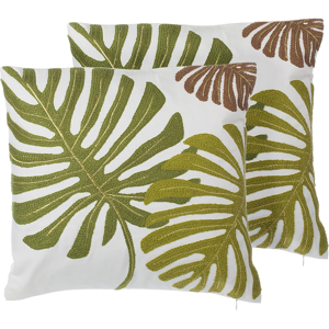 Beliani Set of 2 Decorative Cushions Green Cotton Leaf Pattern 45 x 45 cm Embroidered Tropical Motif Decor Accessories Material:Cotton Size:45x12x45