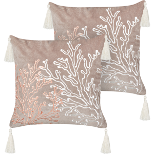 Beliani Set of 2 Scatter Cushions Taupe Velvet 45 x 45 cm Marine Coral Motif Square Polyester Filling Home Accessories Material:Velvet Size:45x10x45