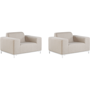 Beliani Set of 2 Garden Armchairs Beige Fabric White Aluminium Legs Upholstery Indoor Outdoor Furniture Weather Resistant Outdoor Material:Polyester Size:84x68x105