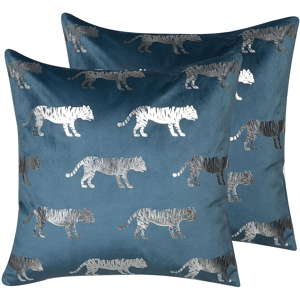 Beliani Set of 2 Decorative Cushions Blue Velvet Animal Foil Print 45 x 45 cm Tiger Motif Modern Glamour Decor Accessories Material:Velvet Size:45x12x45