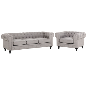 Beliani Chesterfield Living Room Set Light Grey Fabric Upholstery Dark Wood Legs 3 Seater Sofa + Armchair Material:Polyester Size:xx