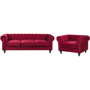 Beliani Chesterfield Living Room Set Dark Red Velvet Upholstery Black Legs 3 Seater Sofa + Armchair Material:Velvet Size:xx