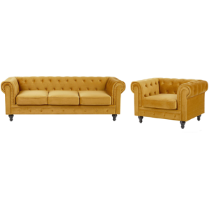 Beliani Chesterfield Living Room Set Mustard Yellow Velvet Upholstery Black Legs 3 Seater Sofa + Armchair Material:Velvet Size:xx