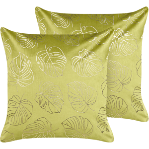 Beliani Set of 2 Decorative Cushions Light Green Velvet 45 x 45 cm Leaf Print Glamour Decor Accessories Material:Velvet Size:45x10x45