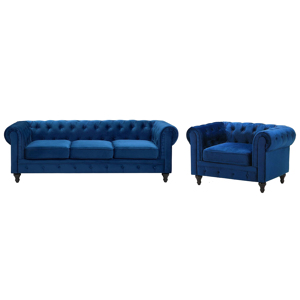 Beliani Chesterfield Living Room Set Blue Velvet Fabric Upholstery Dark Wood Legs 3 Seater Sofa + Armchair Contemporary Material:Velvet Size:xx