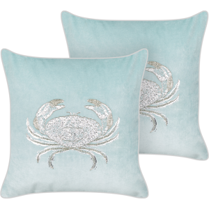 Beliani Set of 2 Scatter Cushions Blue Velvet 45 x 45 cm Marine Crab Motif Square Polyester Filling Home Accessories Material:Velvet Size:45x10x45