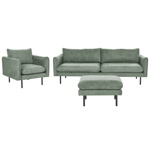 Beliani Living Room Set with Ottoman Green Chenille Fabric Black Legs Corner Sofa 3 Seater Armchair Footstool Modern Retro Style Material:Polyester Size:xx