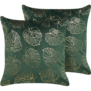 Beliani Set of 2 Decorative Cushions Dark Green Velvet 45 x 45 cm Leaf Print Glamour Decor Accessories Material:Velvet Size:45x10x45