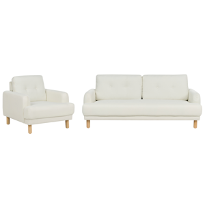 Beliani Living Room Set 3 Seater Sofa Armchair Off-White Polyester Fabric Wooden Legs Loveseat Couch Retro Minimalistic Living Room Furniture Material:Polyester Size:xx