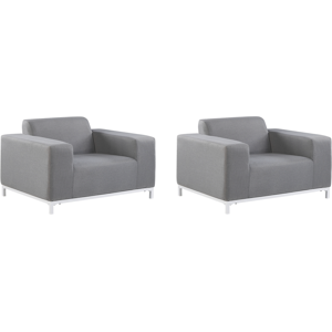 Beliani Set of 2 Garden Armchairs Grey Fabric Upholstery White Aluminium Legs Indoor Outdoor Furniture Weather Resistant Outdoor Material:Polyester Size:84x68x105