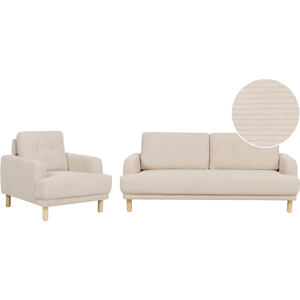 Beliani Living Room Set 3 Seater Sofa Armchair Beige Corduroy Fabric Wooden Legs Loveseat Couch Retro Minimalistic Living Room Furniture Material:Corduroy Size:xx