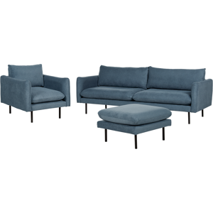 Beliani Living Room Set with Ottoman Blue Fabric Black Legs Corner Sofa 3 Seater Armchair Footstool Modern Retro Style Material:Polyester Size:xx