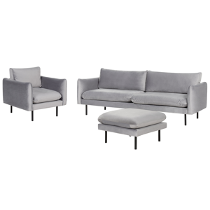 Beliani Living Room Set with Ottoman Grey Velvet Fabric Black Legs Corner Sofa 3 Seater Armchair Footstool Modern Retro Style Material:Velvet Size:xx