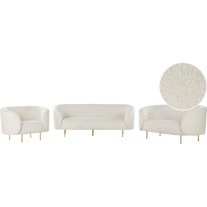 Beliani Living Room Set White Boucle Fabric Soft Nubby Gold Legs 3 Seater Sofa Loveseat Armchair Retro Glam Art Decor Style Material:Boucle Size:xx