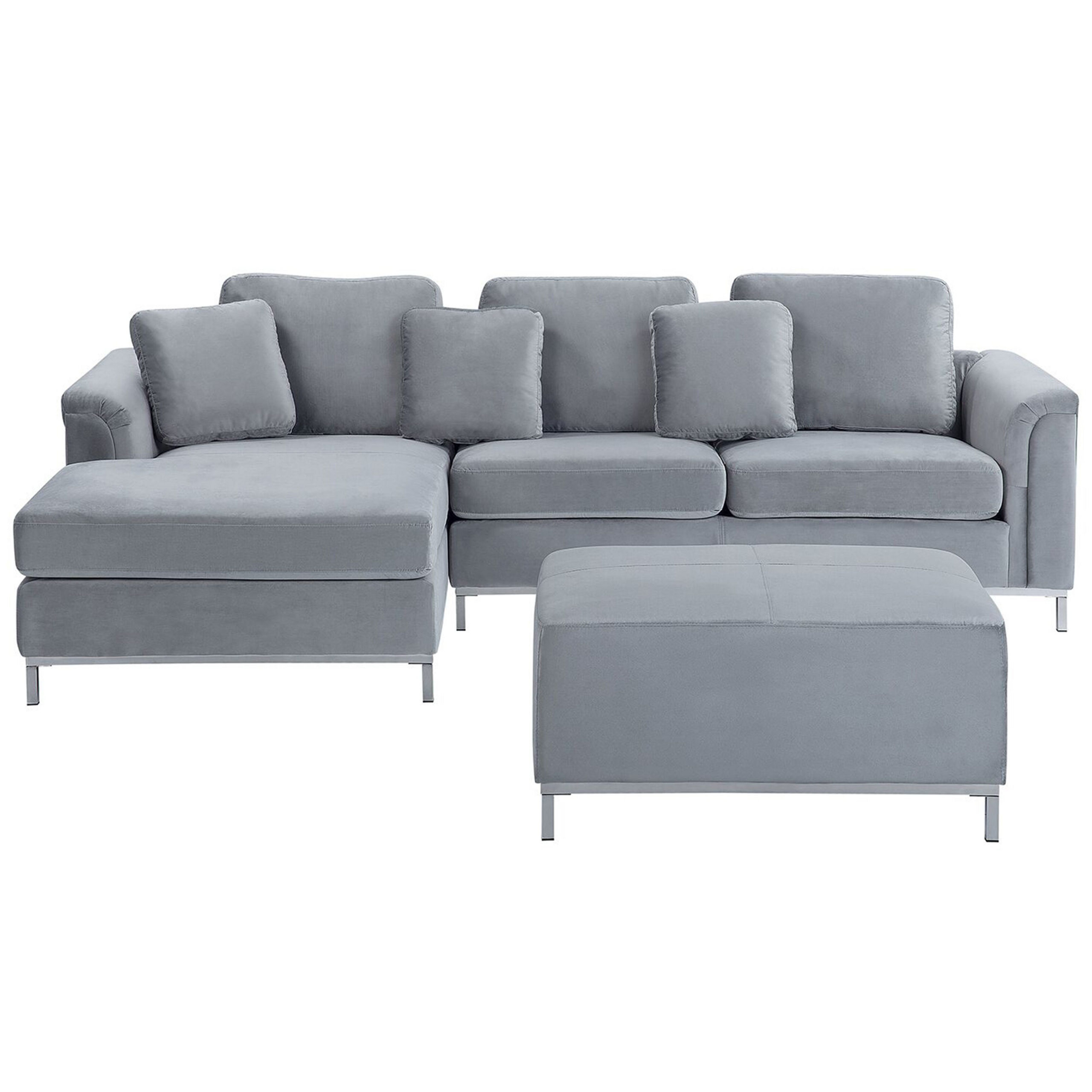 Beliani Corner Sofa Light Grey Velvet Upholstered with Ottoman L-shaped Right Hand Orientation