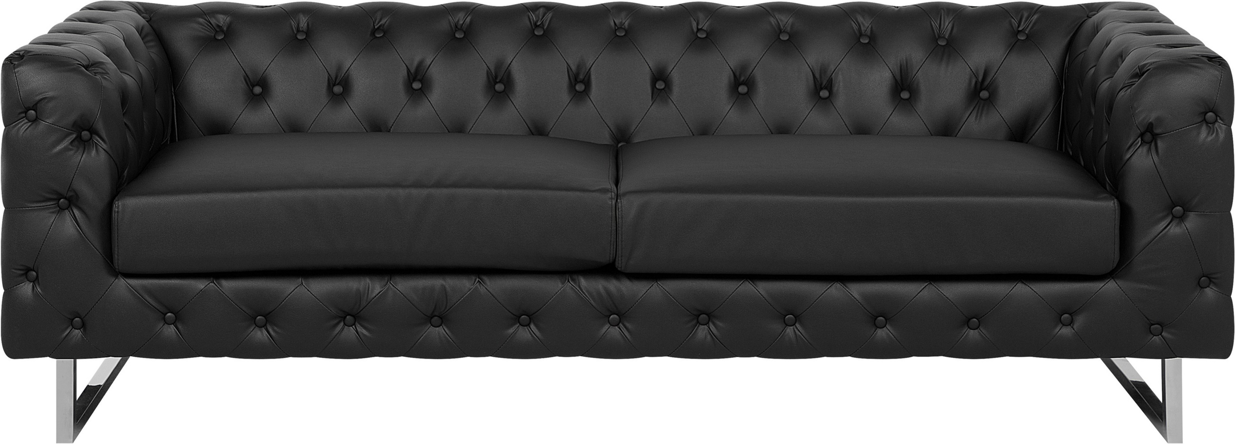 Beliani 3 Seater Chesterfield Style Sofa Black Tuxedo Arms Buttoned Back Silver Legs Faux Leather