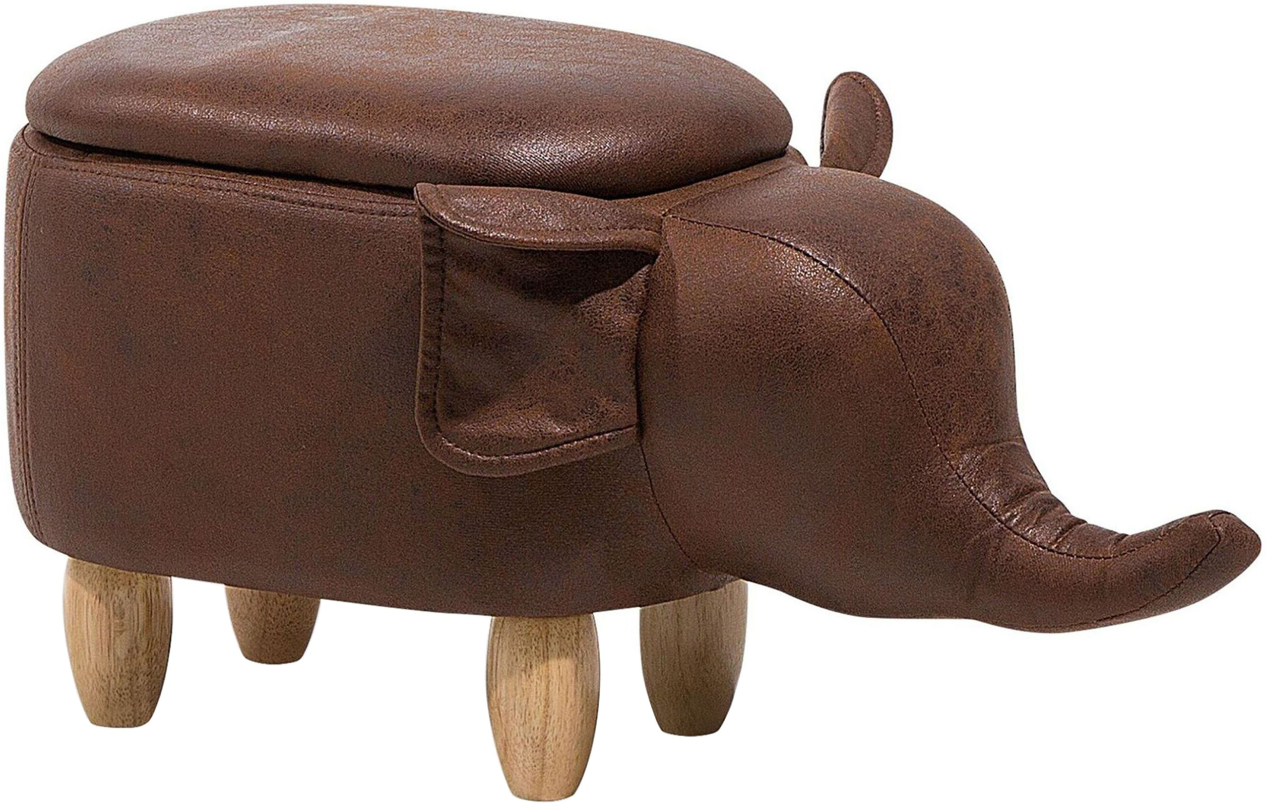 Beliani Animal Elephant Children Stool with Storage Brown Faux Leather Wooden Legs Nursery Footstool