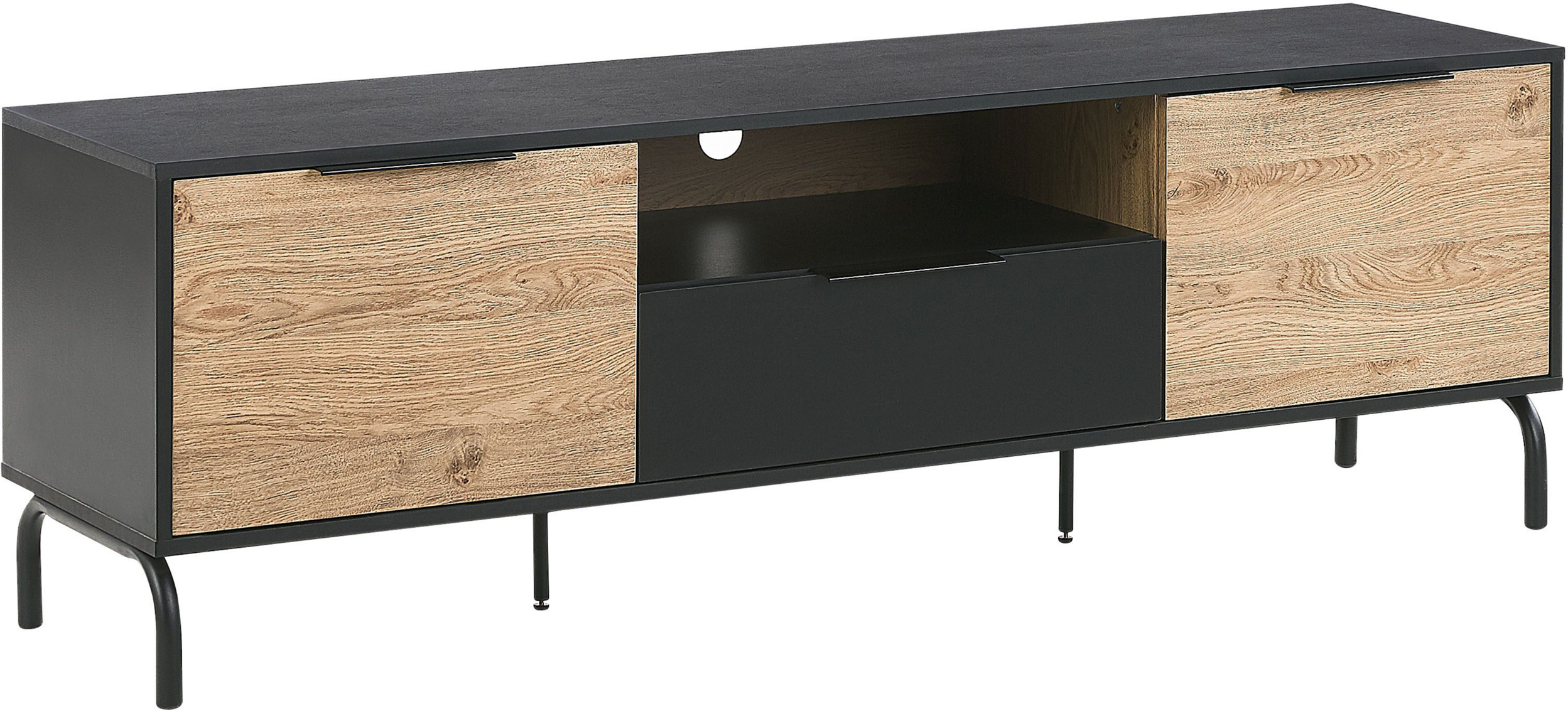 Beliani TV Stand Black and Light Wood Particle Board Metal Legs for TV up to 70'' with Drawer Storage Functon