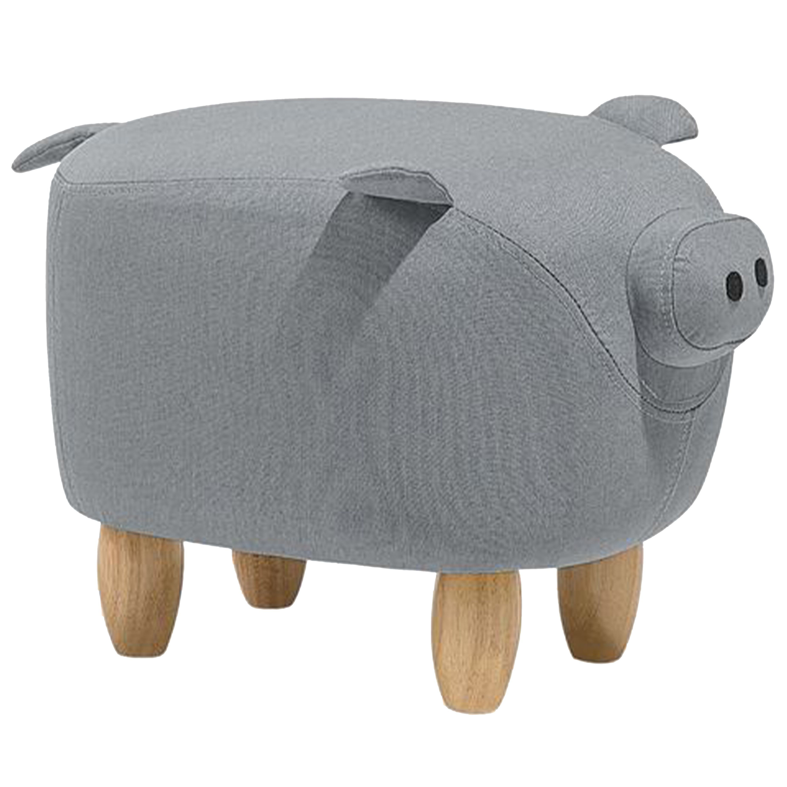 Beliani Animal Pig Children Stool Grey Fabric Wooden Legs Nursery Footstool