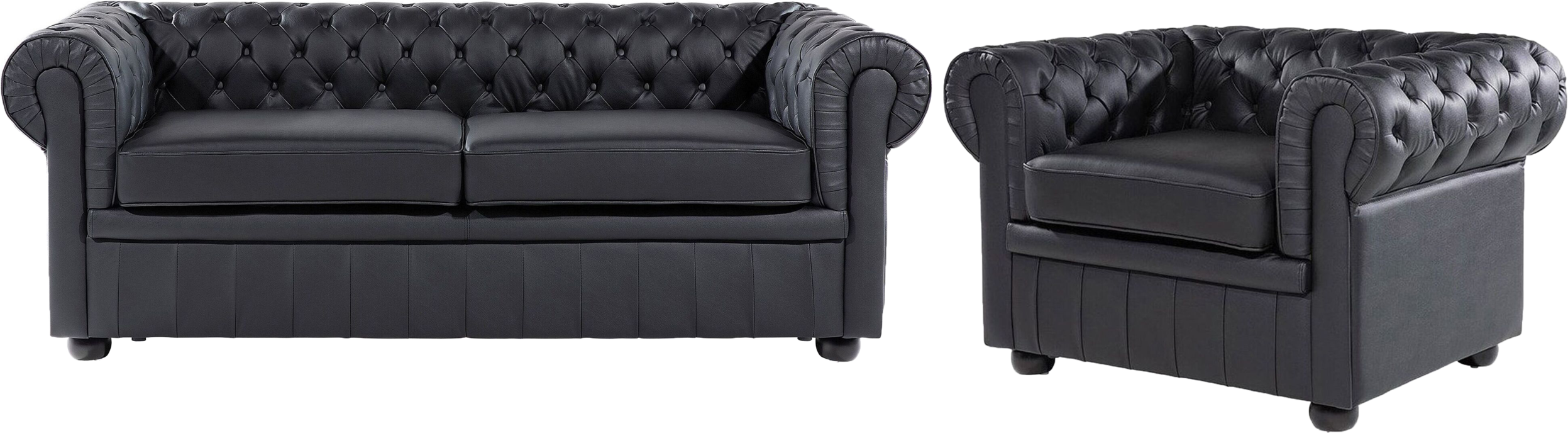 Beliani Chesterfield Living Room Set Black Leather Upholstery Dark Wood Legs 3 Seater Sofa + Armchair Contemporary