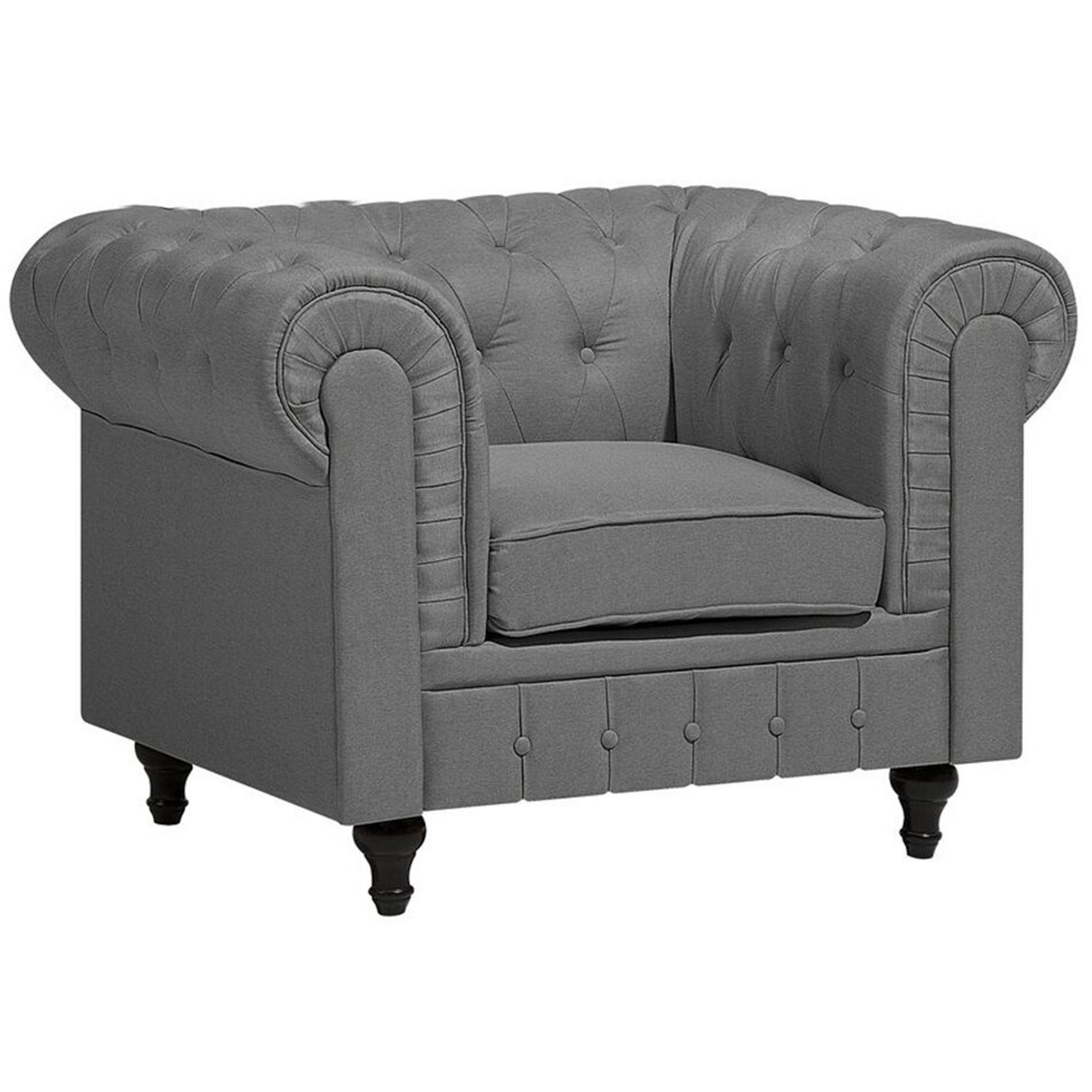 Beliani Chesterfield Armchair Light Grey Fabric Upholstery Dark Wood Legs Contemporary