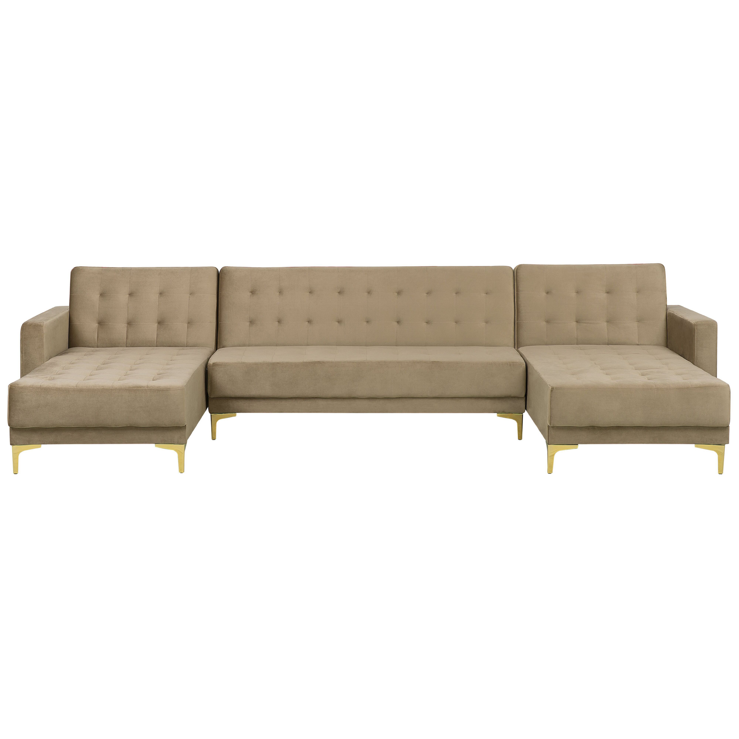 Beliani Corner Sofa Bed Beige Velvet Tufted Fabric Modern U-Shaped Modular 5 Seater with Chaise Longues