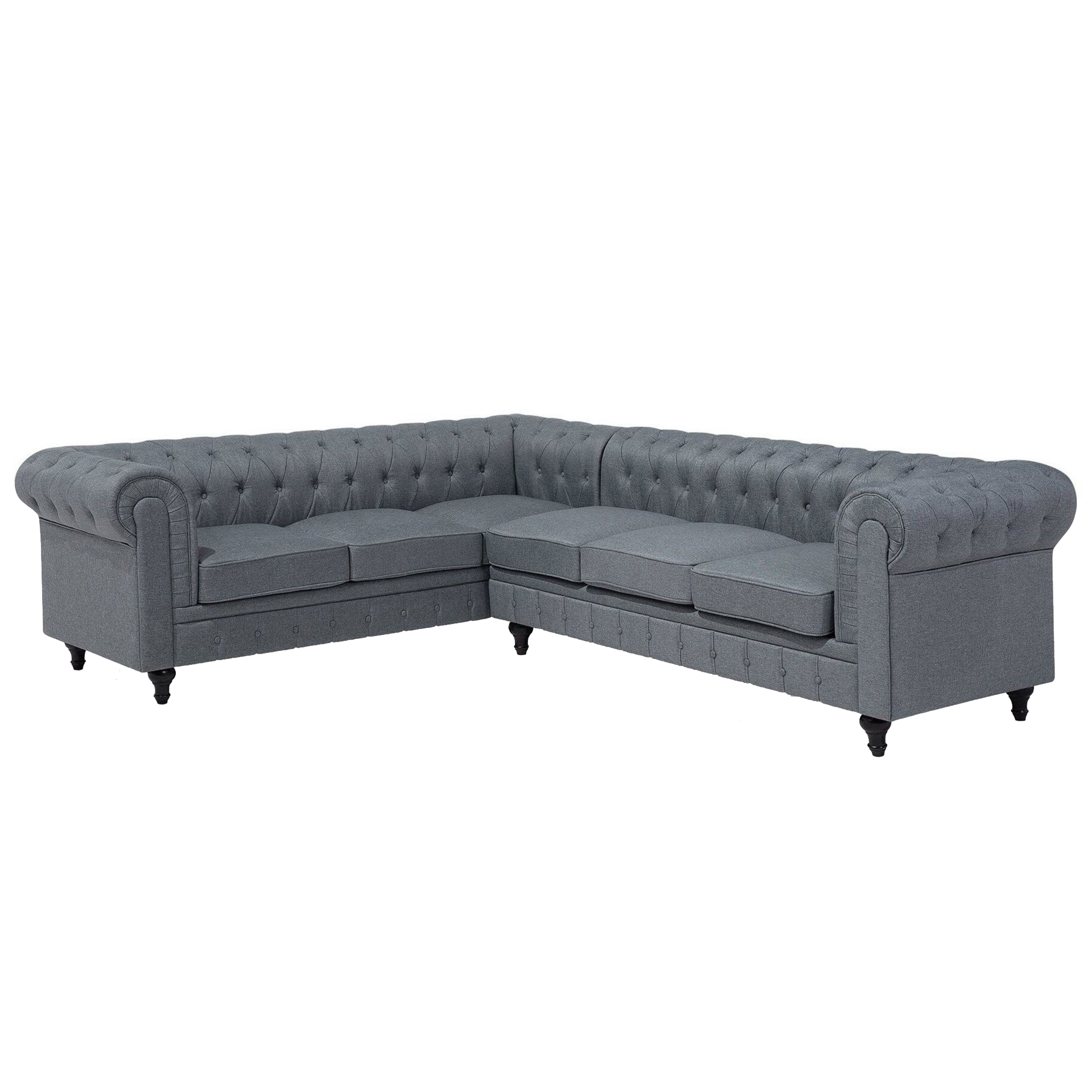 Beliani Chesterfield Right Hand Fabric Corner Sofa Grey Fabric Upholstery Dark Wood Legs Chaise 6 Seater Contemporary